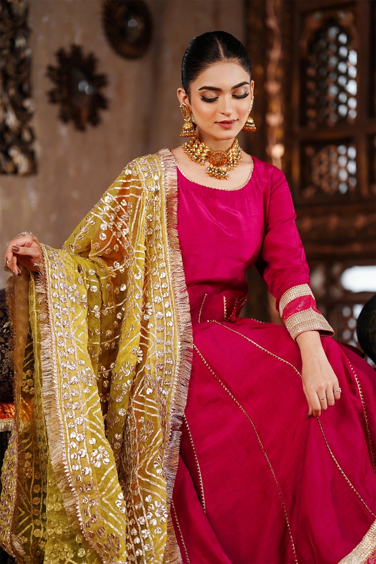 Zarmina magenta pink Korean silk festive Anarkali with palazzo pants and handmade organza gotta dupatta by MariamRaj