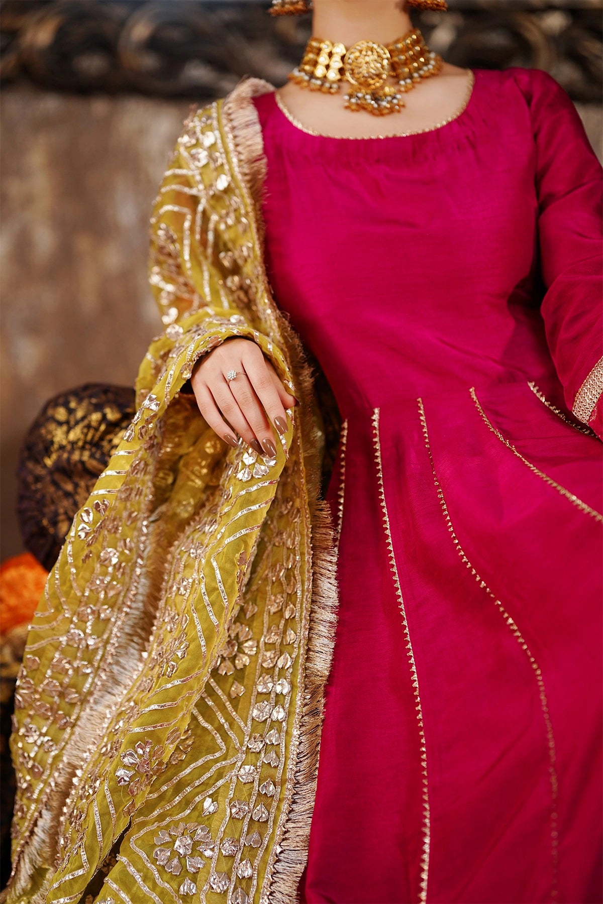 Zarmina magenta pink Korean silk festive Anarkali with palazzo pants and handmade organza gotta dupatta by MariamRaj