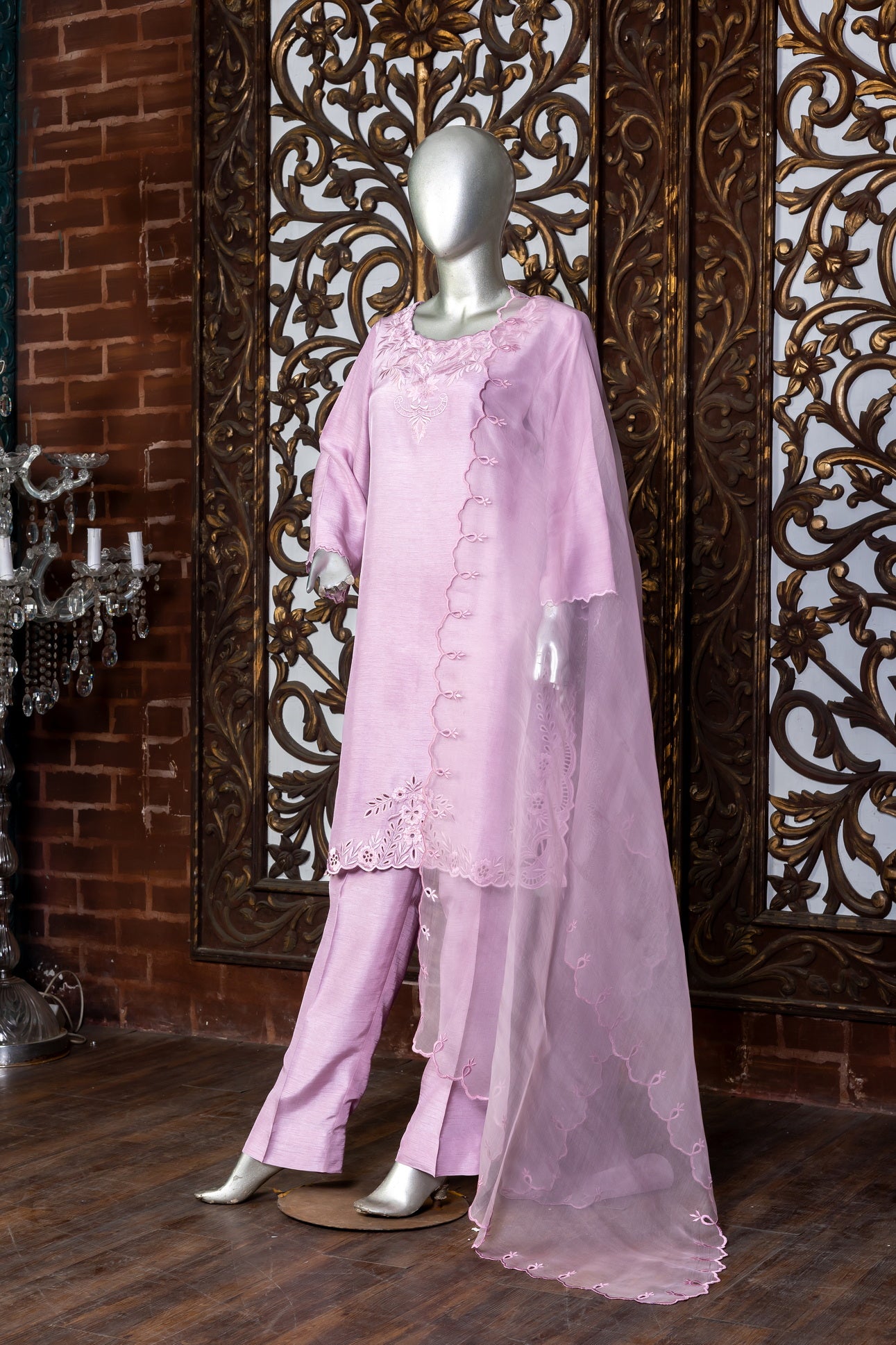 Blush pink Korean silk Pakistani embroidered suit with organza dupatta – MariamRaj party wear for women in USA, UK, Canada

