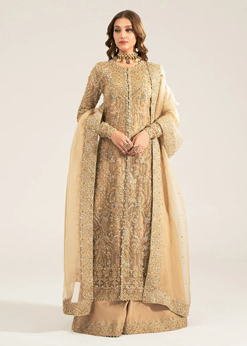 Zarnab nude stitched 4-piece outfit by Kanwal Malik with embellished open gown shirt, bustier, sharara, and organza dupatta for formal occasions.