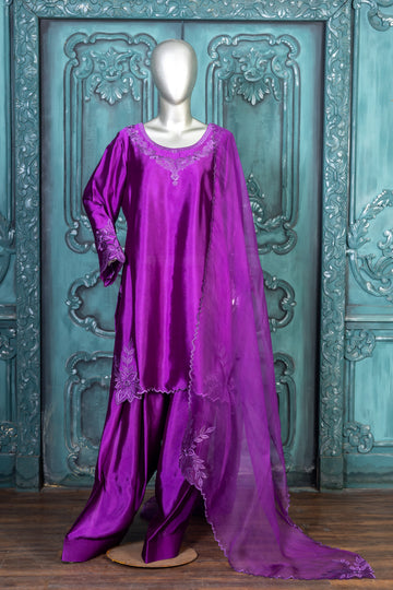 Zarnoor – Luxury Purple Sheesha Silk 3-Piece Outfit with Farshi Shalwar