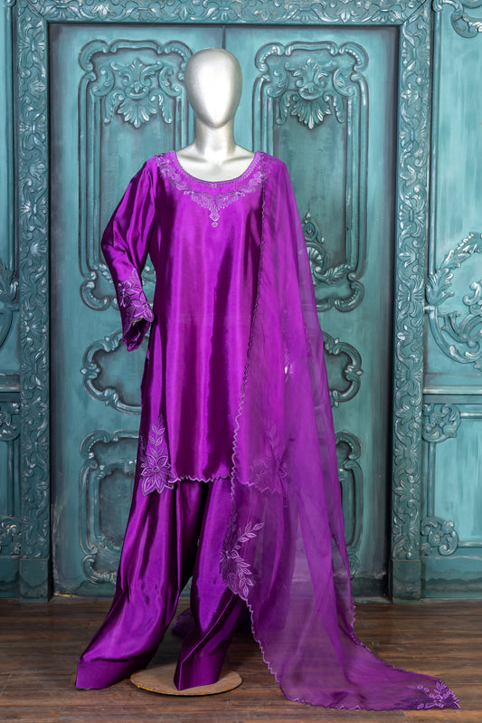 Zarnoor – Luxury Purple Sheesha Silk 3-Piece Outfit with Farshi Shalwar
