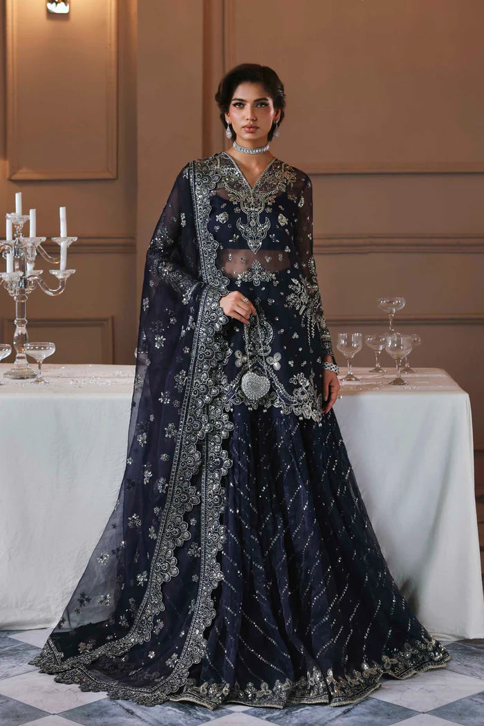 Zarpari navy blue organza hand embroidered bridal sharara dress with dupatta by Akbar Aslam, luxury couture for Pakistani brides at weddings and receptions.