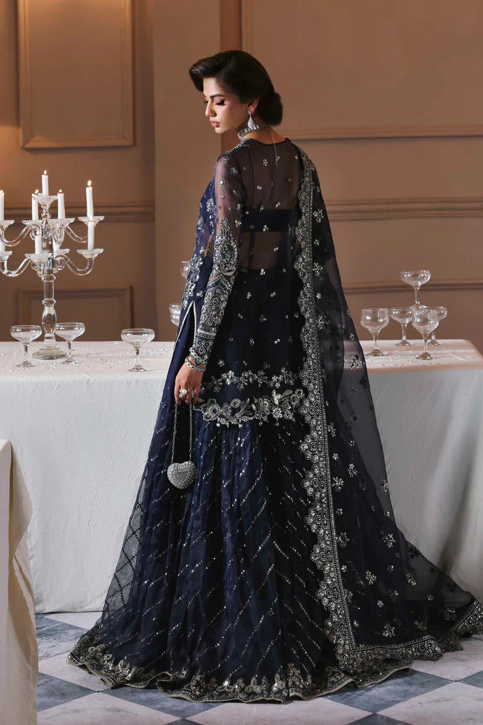 Zarpari navy blue organza hand embroidered bridal sharara dress with dupatta by Akbar Aslam, luxury couture for Pakistani brides at weddings and receptions.
