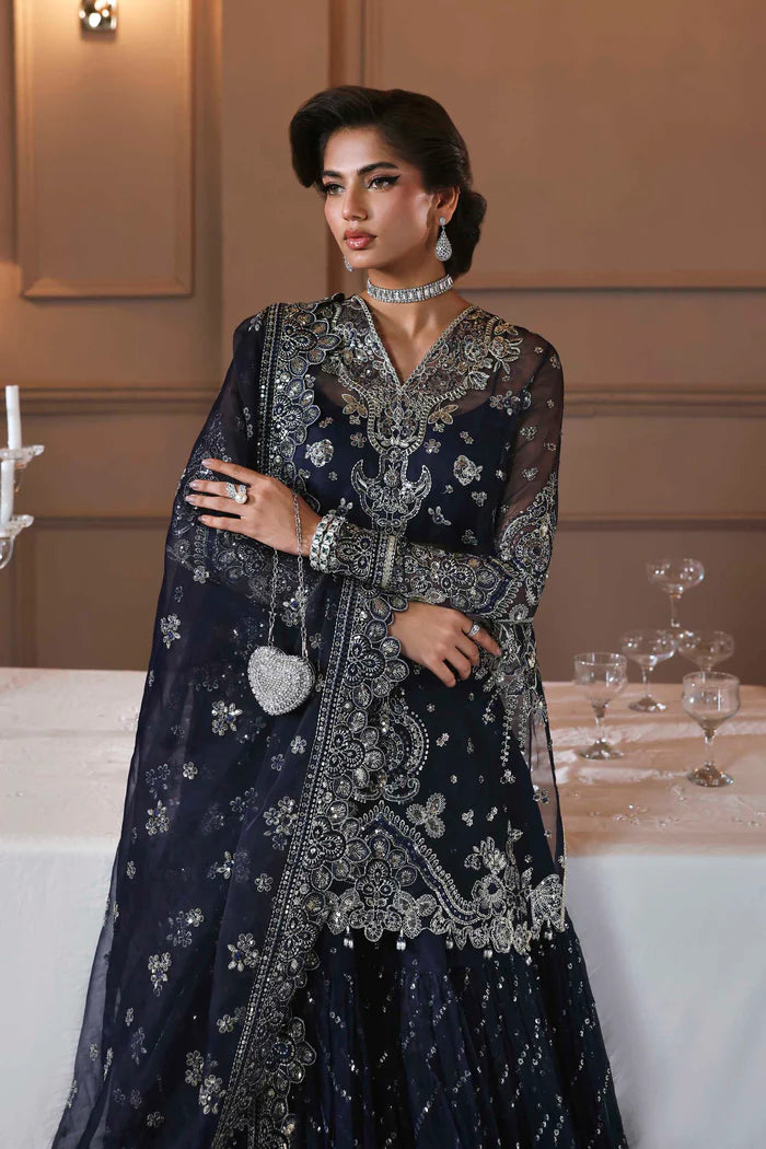 Zarpari navy blue organza hand embroidered bridal sharara dress with dupatta by Akbar Aslam, luxury couture for Pakistani brides at weddings and receptions.