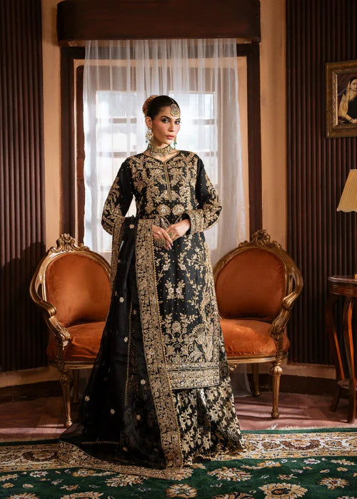 Zarqa- Traditional Jet Black Long Shirt With Lehenga Outfit For Walima Events