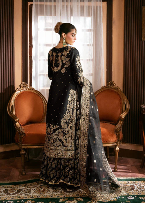 Zarqa- Traditional Jet Black Long Shirt With Lehenga Outfit For Walima Events