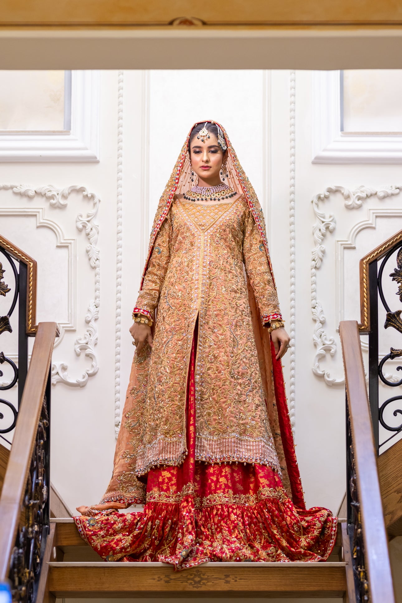 Zarqash - Traditional Farshi Gharara with Open-Style Peach Gown