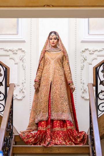 Zarqash - Traditional Farshi Gharara with Open-Style Peach Gown