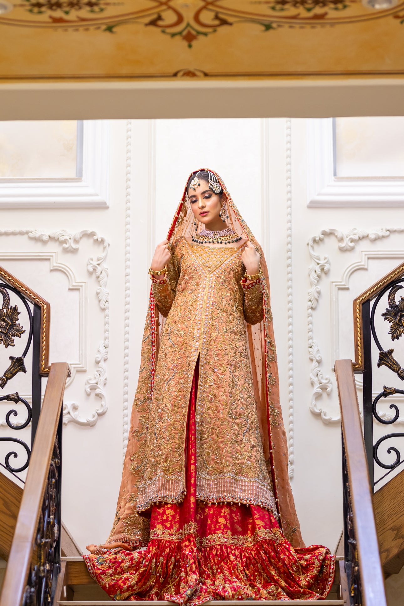 Zarqash - Traditional Farshi Gharara with Open-Style Peach Gown