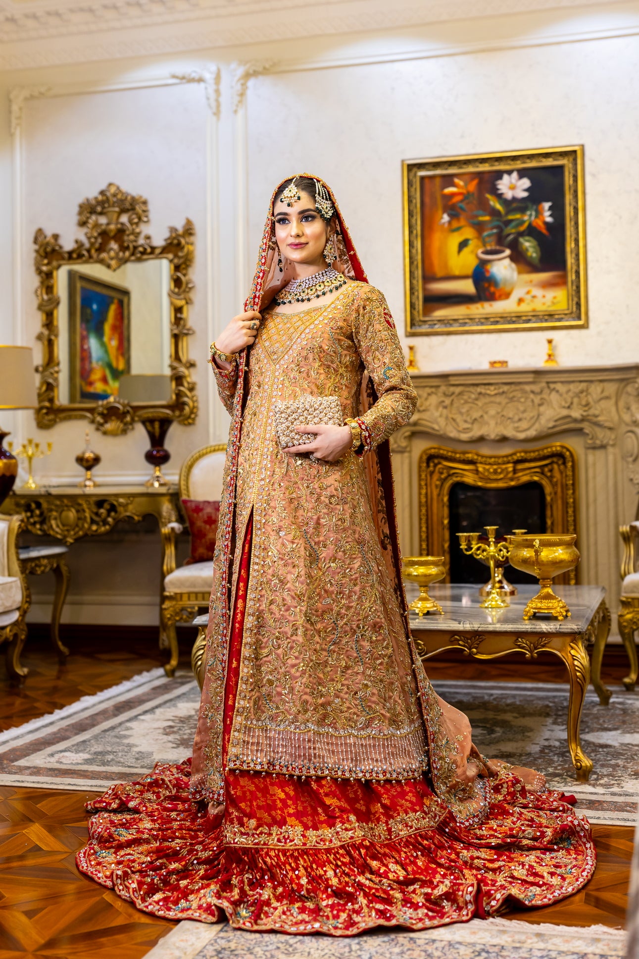 Zarqash - Traditional Farshi Gharara with Open-Style Peach Gown