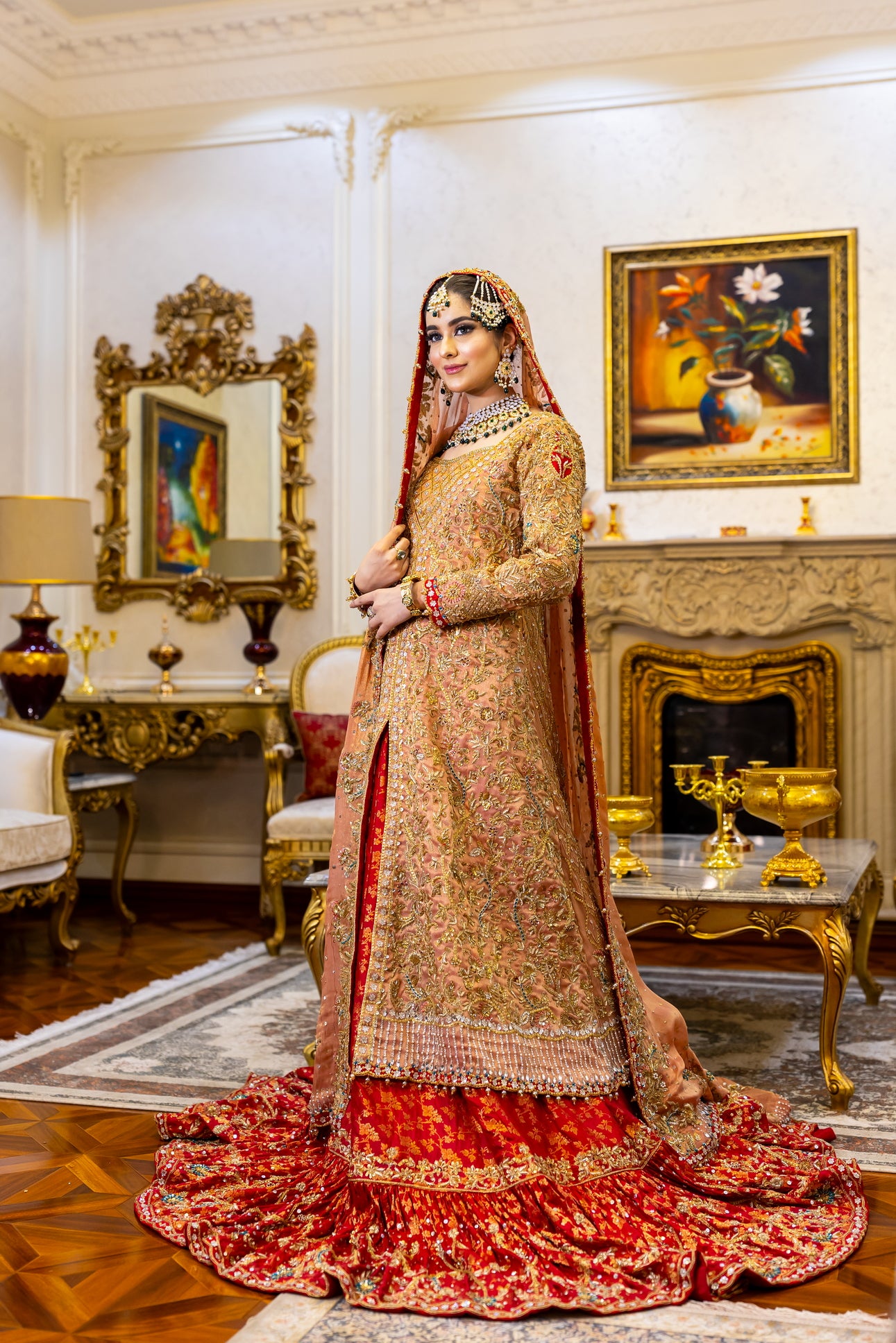 Zarqash - Traditional Farshi Gharara with Open-Style Peach Gown