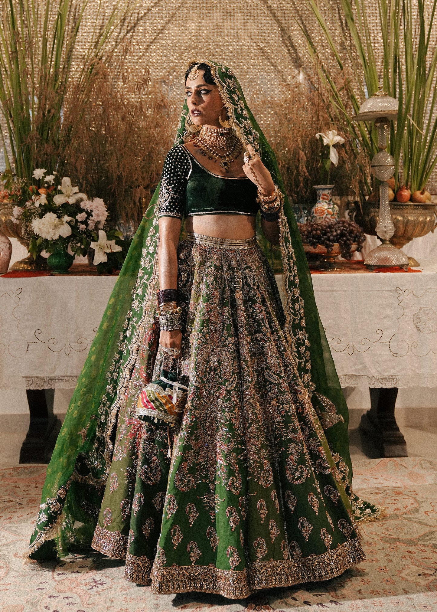 Zarqoon-Pine Green Korean Raw Silk Lehenga with Velvet Choli