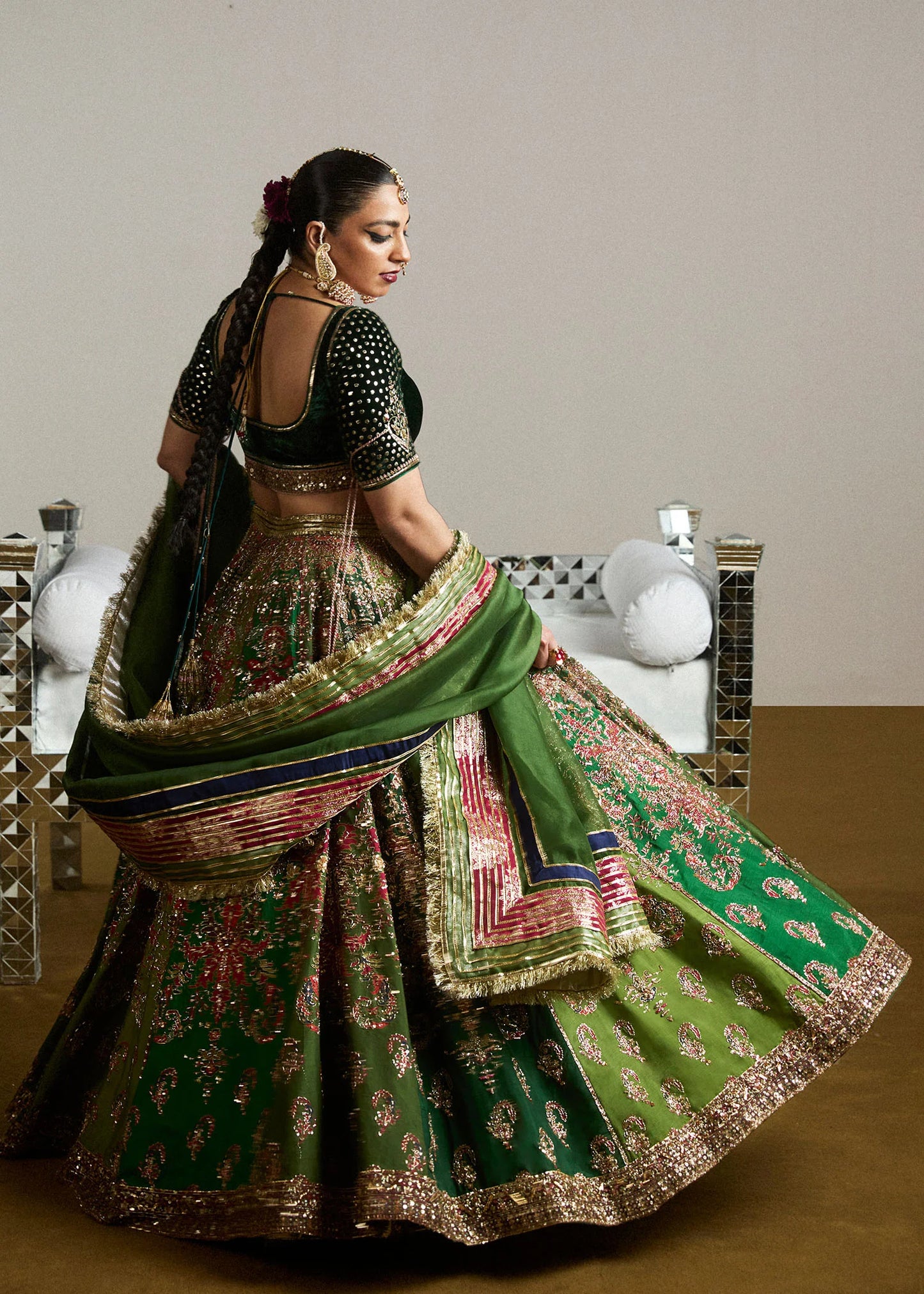 Zarqoon-Pine Green Korean Raw Silk Lehenga with Velvet Choli