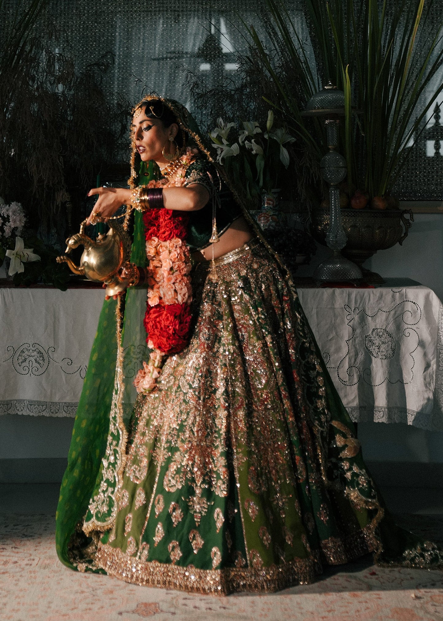 Zarqoon-Pine Green Korean Raw Silk Lehenga with Velvet Choli