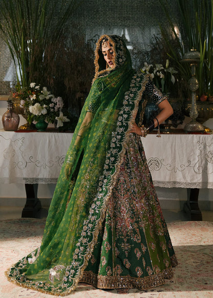 Zarqoon-Pine Green Korean Raw Silk Lehenga with Velvet Choli