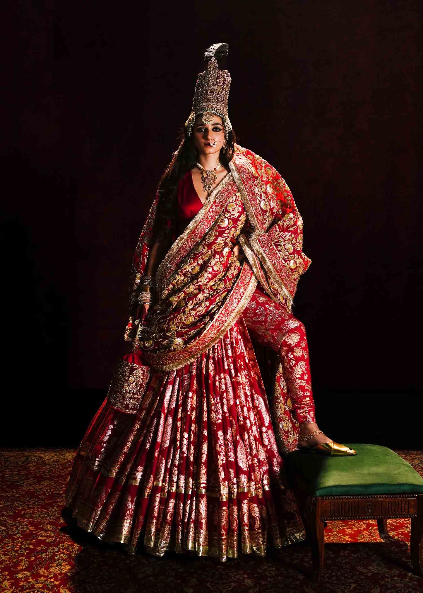 Zauq-Red Banarasi Lehenga with Satin Silk Choli & Gotta Work Dupatta