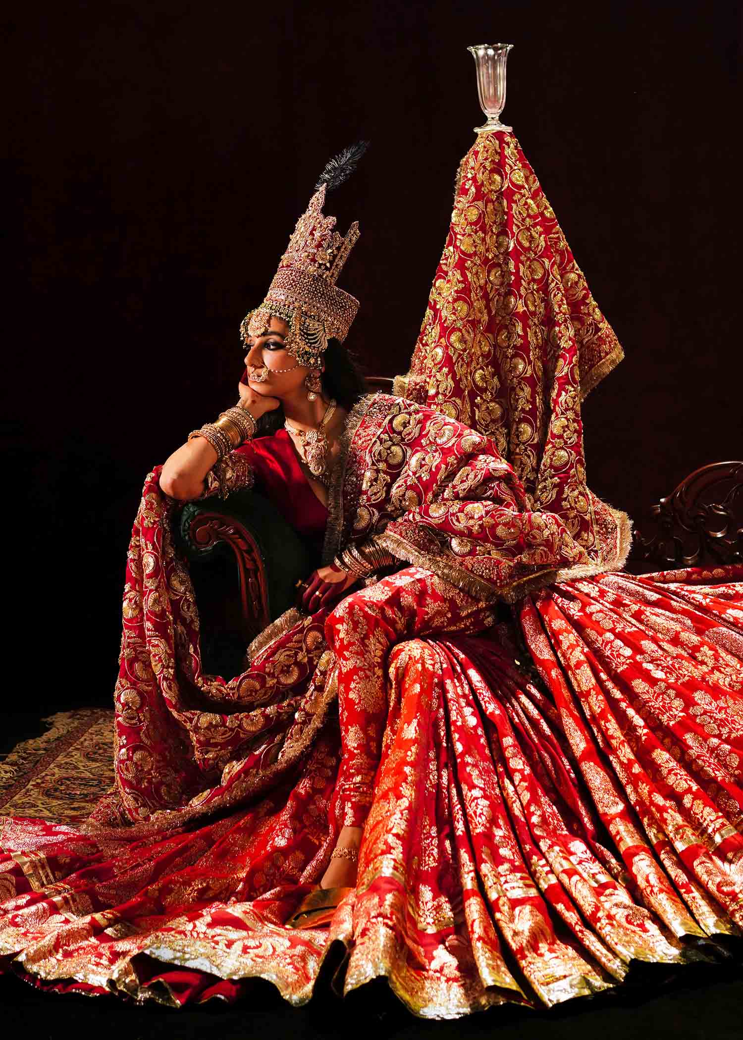 Zauq-Red Banarasi Lehenga with Satin Silk Choli & Gotta Work Dupatta