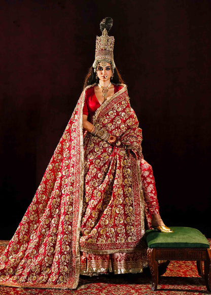 Zauq-Red Banarasi Lehenga with Satin Silk Choli & Gotta Work Dupatta