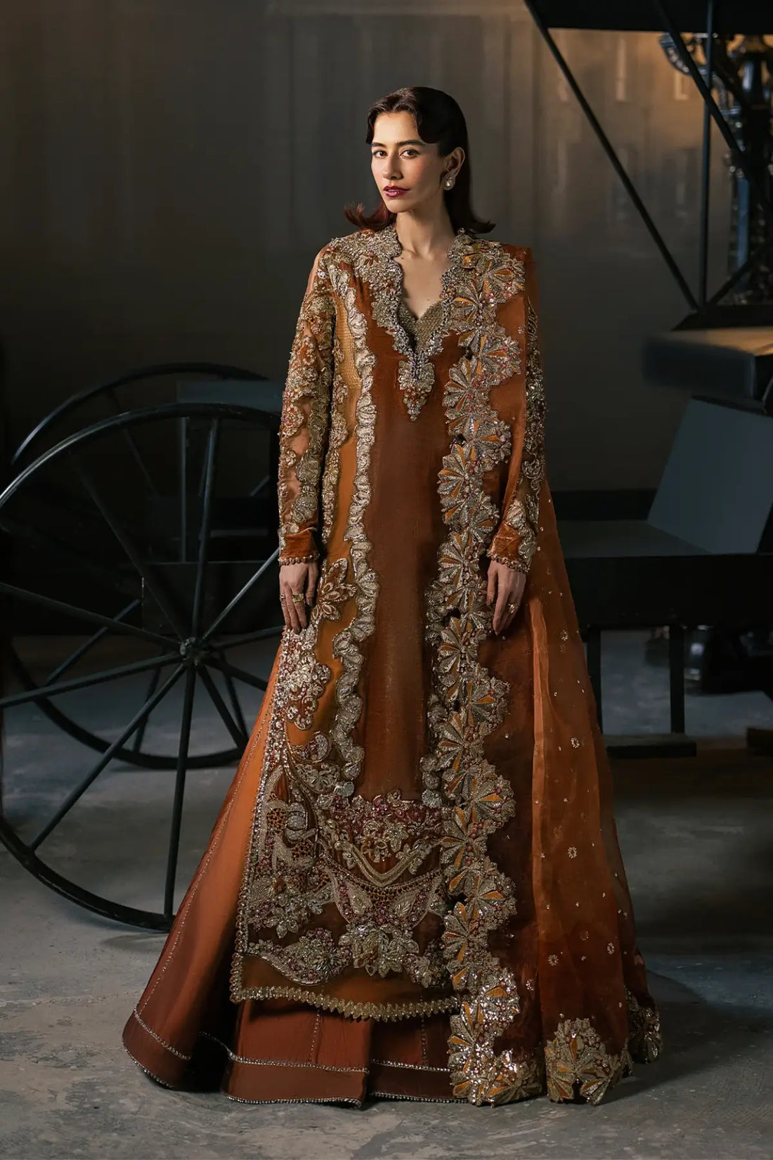 Zavaa Afrozeh rust velvet stitched wedding dress with ornate hand embellishment organza dupatta and rawsilk trouser