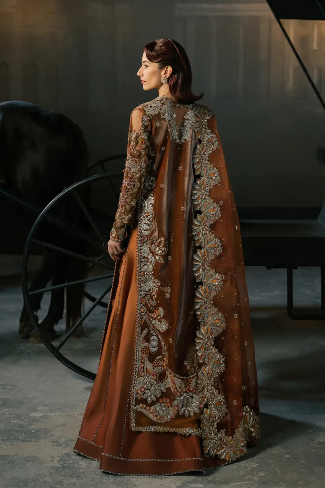 Zavaa Afrozeh rust velvet stitched wedding dress with ornate hand embellishment organza dupatta and rawsilk trouser
