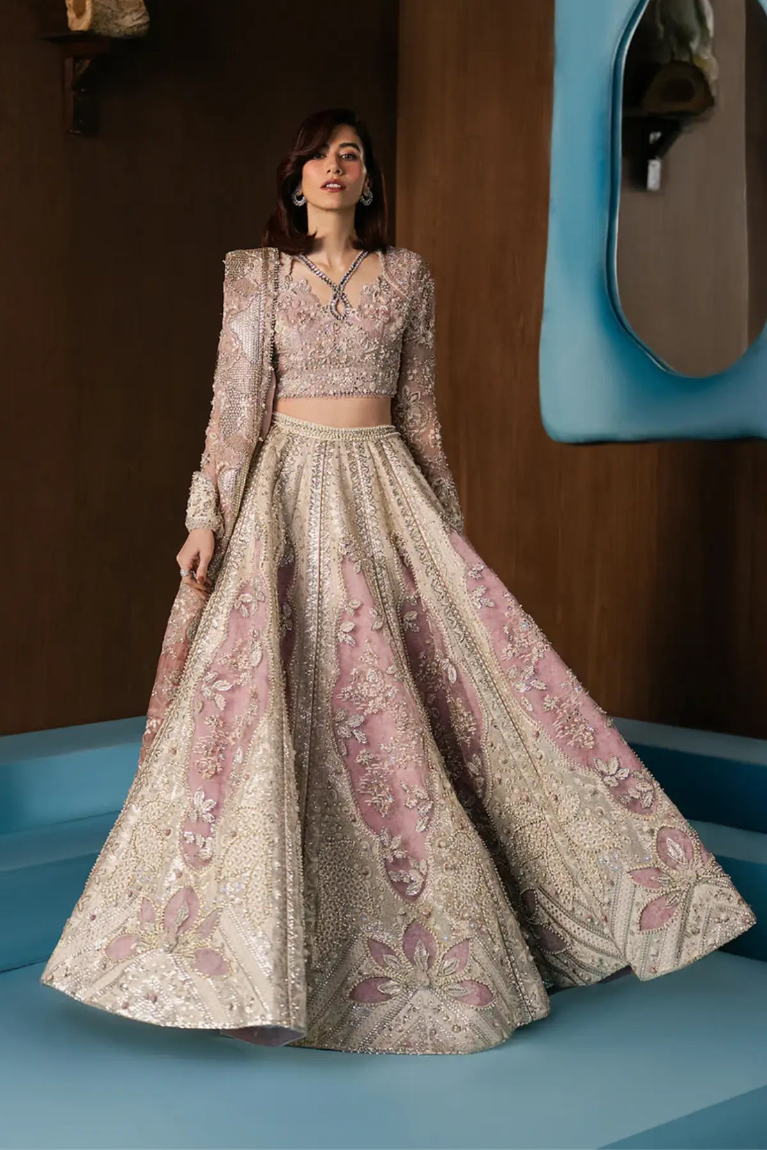 Zaviyah Afrozeh pink stitched lehenga choli in rawsilk with kunden net dupatta and antique gold embroidery