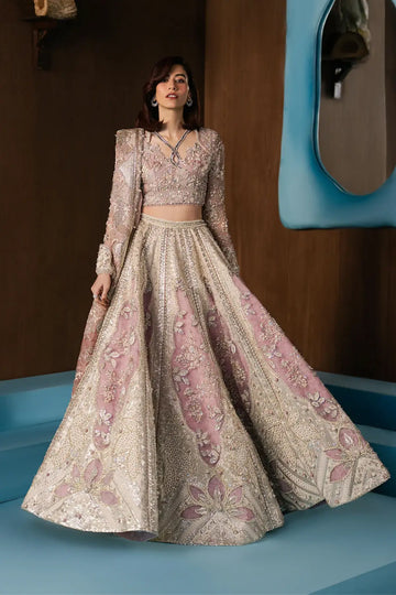 Zaviyah Afrozeh pink stitched lehenga choli in rawsilk with kunden net dupatta and antique gold embroidery