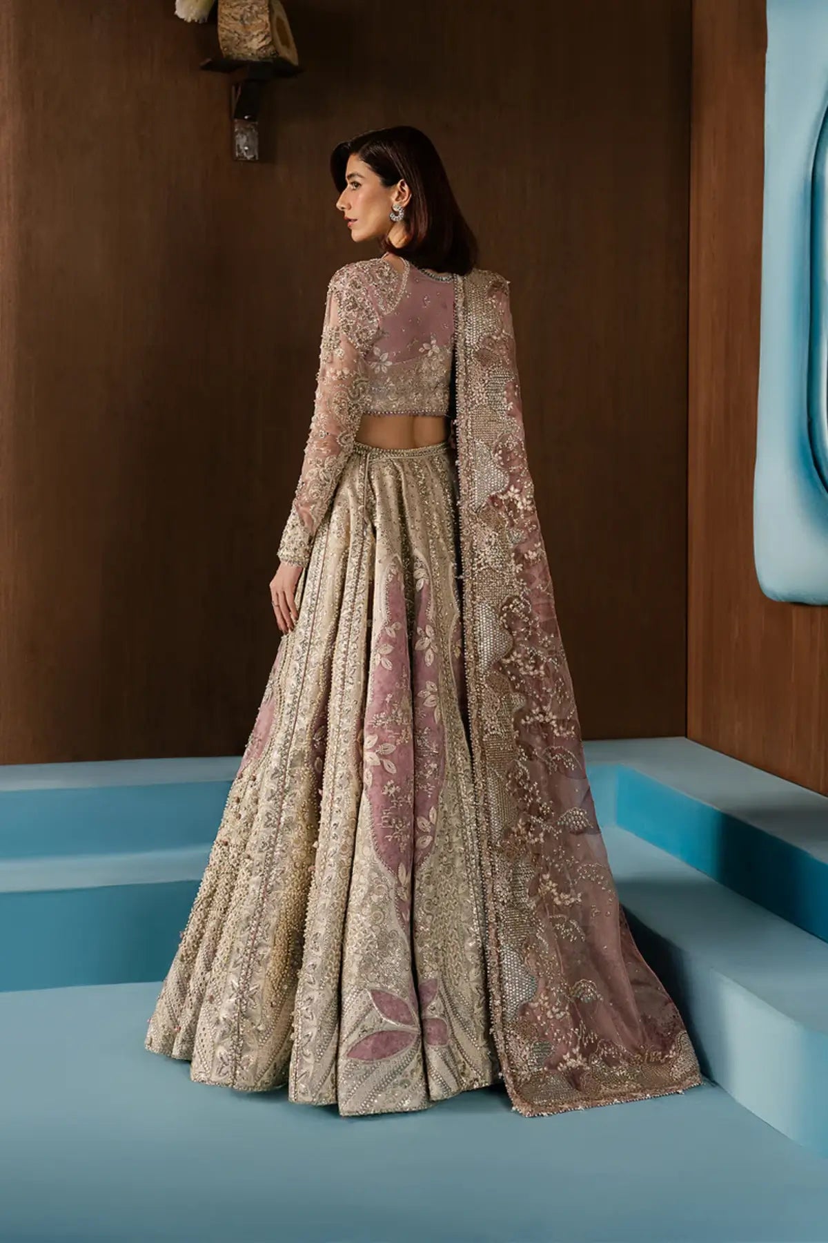 Zaviyah Afrozeh pink stitched lehenga choli in rawsilk with kunden net dupatta and antique gold embroidery