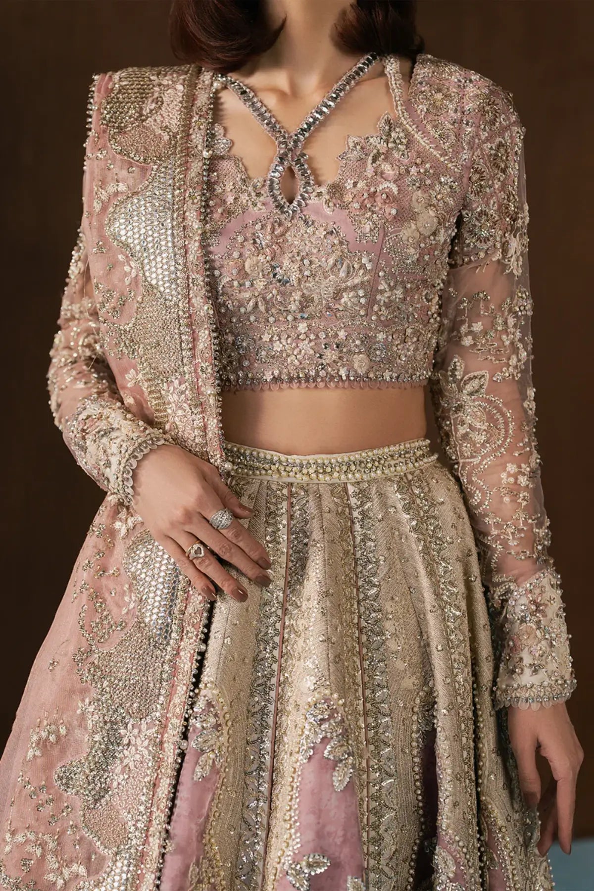 Zaviyah Afrozeh pink stitched lehenga choli in rawsilk with kunden net dupatta and antique gold embroidery