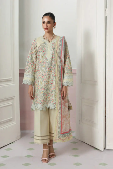 Zayra QQP-04(B) by Qalamkar sage green lawn stitched 3PC suit with embroidered neckline, printed lawn dupatta, and plain cotton trousers.