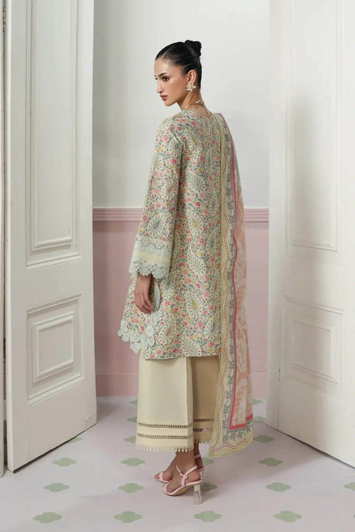 Zayra QQP-04(B) by Qalamkar sage green lawn stitched 3PC suit with embroidered neckline, printed lawn dupatta, and plain cotton trousers.