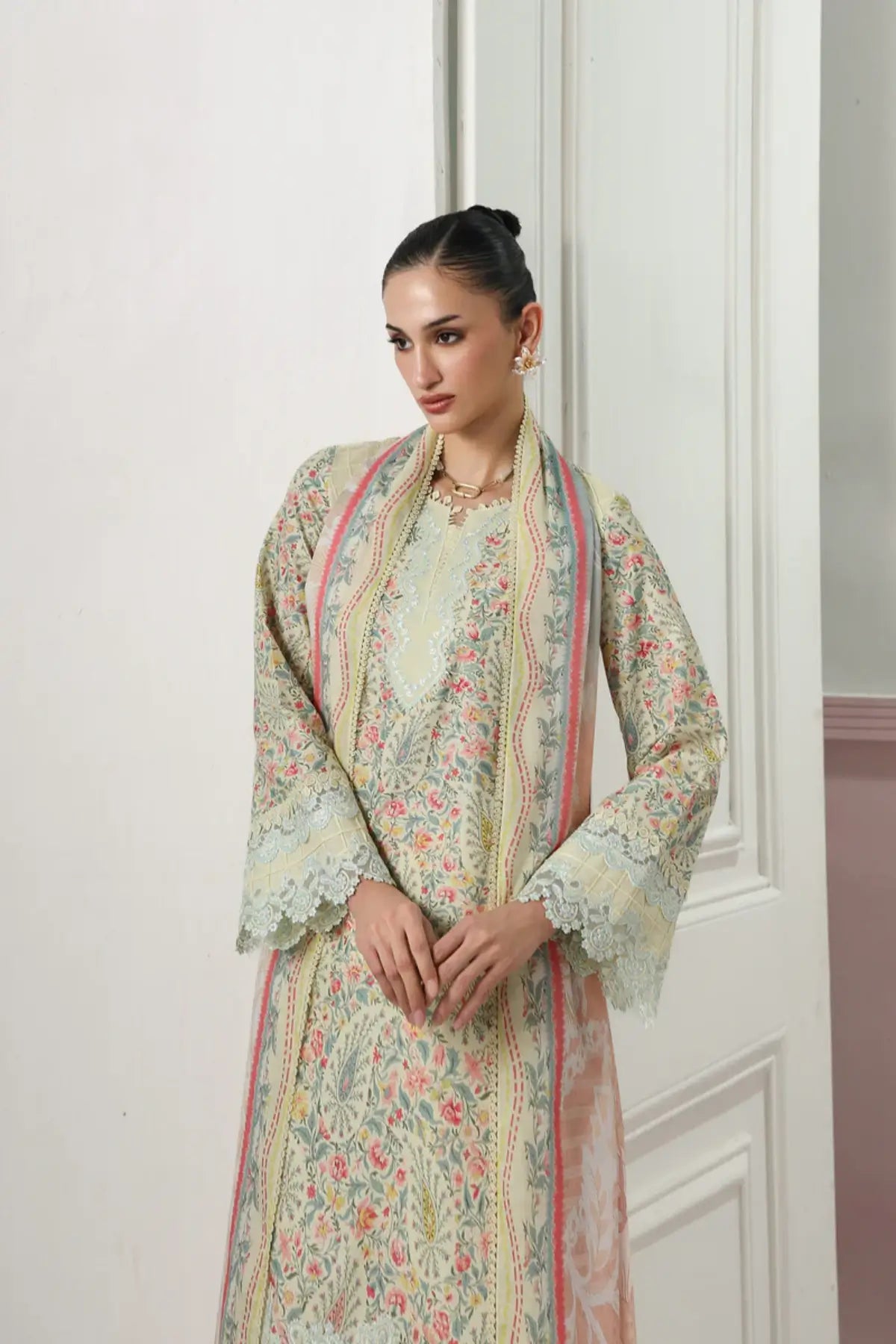 Zayra QQP-04(B) by Qalamkar sage green lawn stitched 3PC suit with embroidered neckline, printed lawn dupatta, and plain cotton trousers.