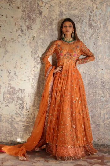 Zeba Orange Zardozi Net Pre-Wedding Pishwas with Gold and Multicolor Floral Embroidery, Shimmering Embellishments, Glitter Net Lehenga and Organza Dupatta