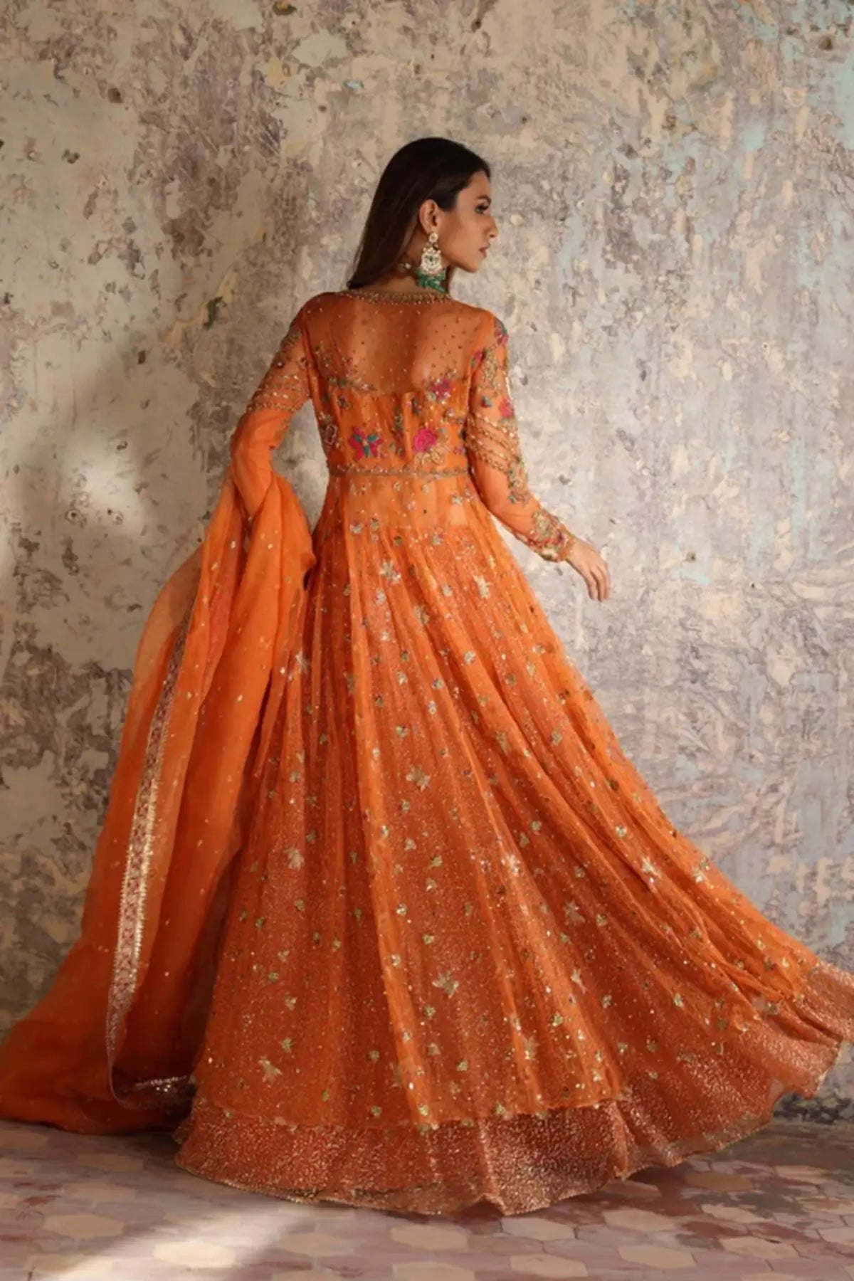 Zeba Orange Zardozi Net Pre-Wedding Pishwas with Gold and Multicolor Floral Embroidery, Shimmering Embellishments, Glitter Net Lehenga and Organza Dupatta