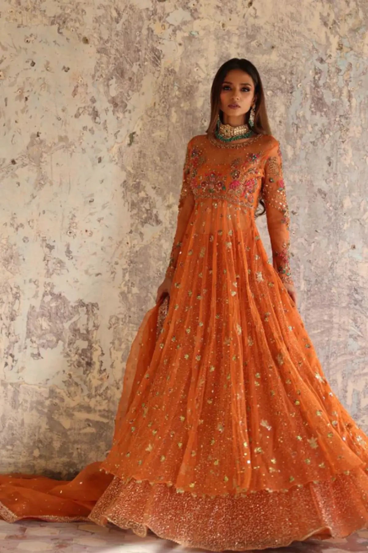 Zeba Orange Zardozi Net Pre-Wedding Pishwas with Gold and Multicolor Floral Embroidery, Shimmering Embellishments, Glitter Net Lehenga and Organza Dupatta