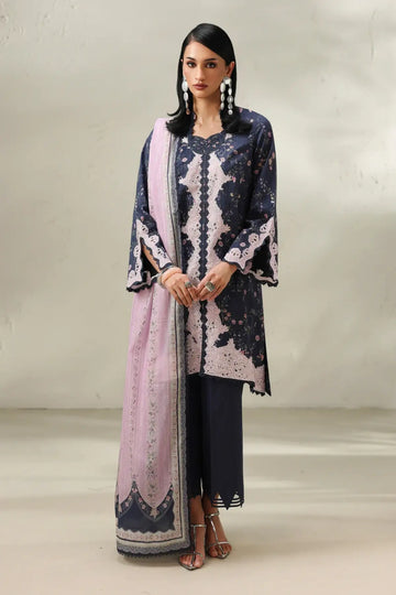 Zeena QQP-03(A) by Qalamkar navy blue lawn stitched 3PC suit with embroidered front panel, printed lawn dupatta, and printed cotton trousers.