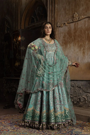 Zeenat Hussain Rehar aqua green embellished stitched Peshwas with fuchsia pink churidar and embroidered net dupatta
