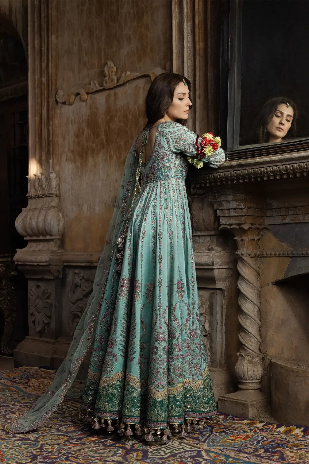 Zeenat Hussain Rehar aqua green embellished stitched Peshwas with fuchsia pink churidar and embroidered net dupatta