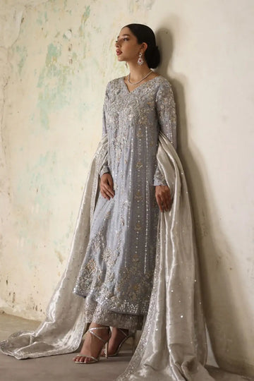 Zeenat Ice Blue Hand Embellished Silk Net Reception Shirt with Silver Mukesh and Zardozi Work, Jamawar Pants and Tissue Lame Dupatta