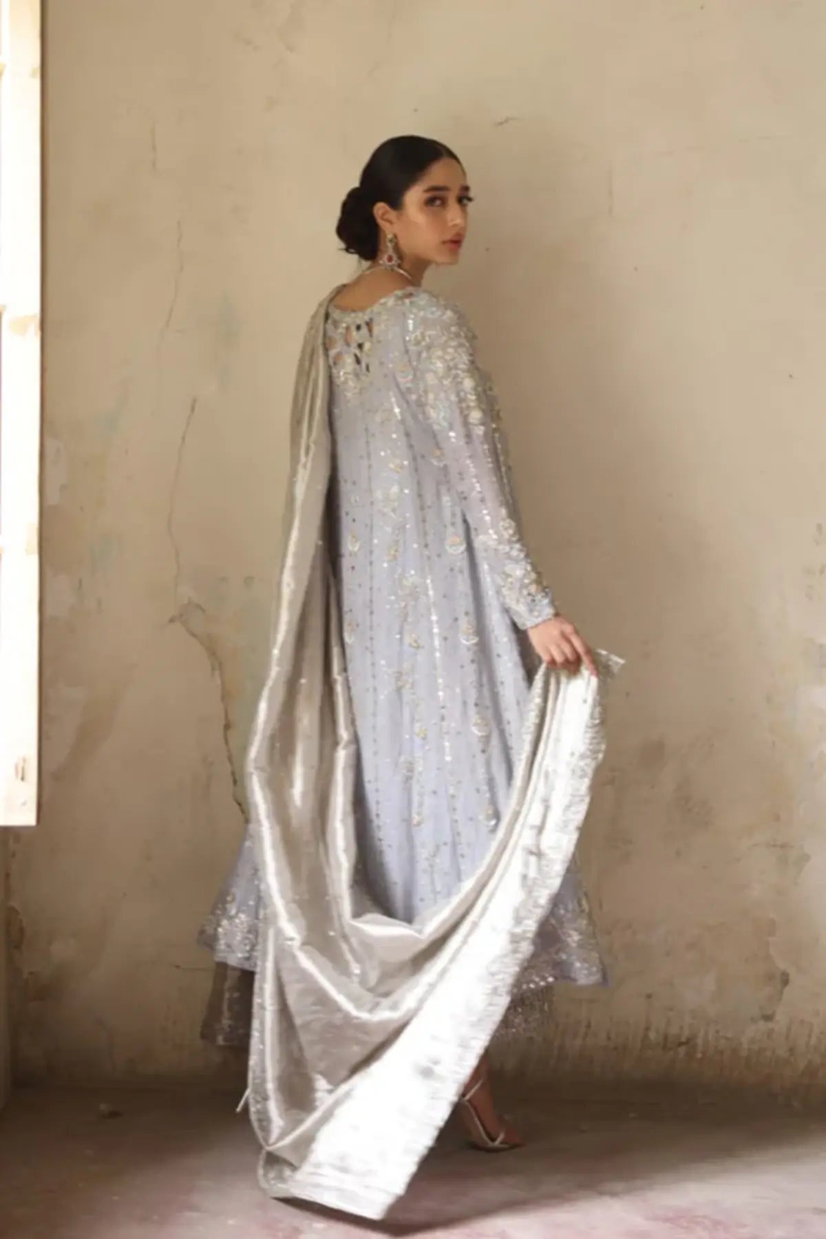 Zeenat Ice Blue Hand Embellished Silk Net Reception Shirt with Silver Mukesh and Zardozi Work, Jamawar Pants and Tissue Lame Dupatta
