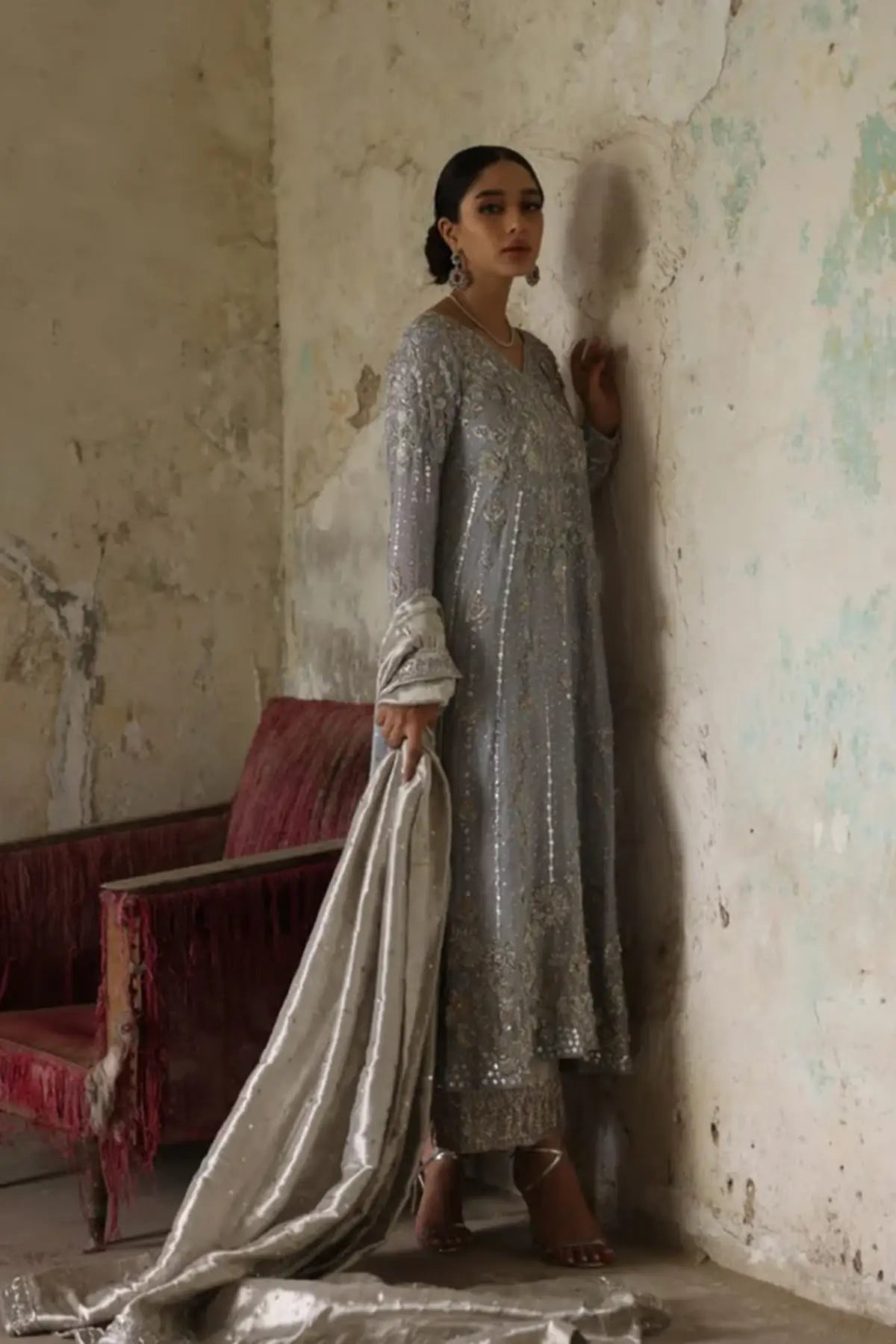 Zeenat Ice Blue Hand Embellished Silk Net Reception Shirt with Silver Mukesh and Zardozi Work, Jamawar Pants and Tissue Lame Dupatta