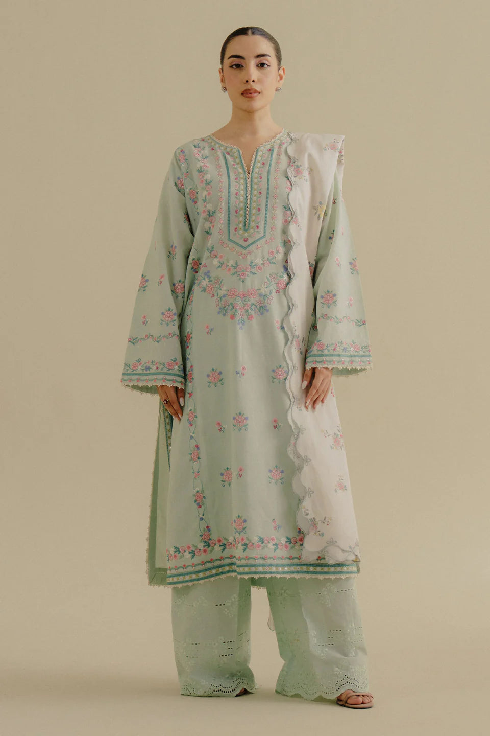 Zeest-9A- Mint Green embroidered jacquard ensemble By- Zara Shahjahan