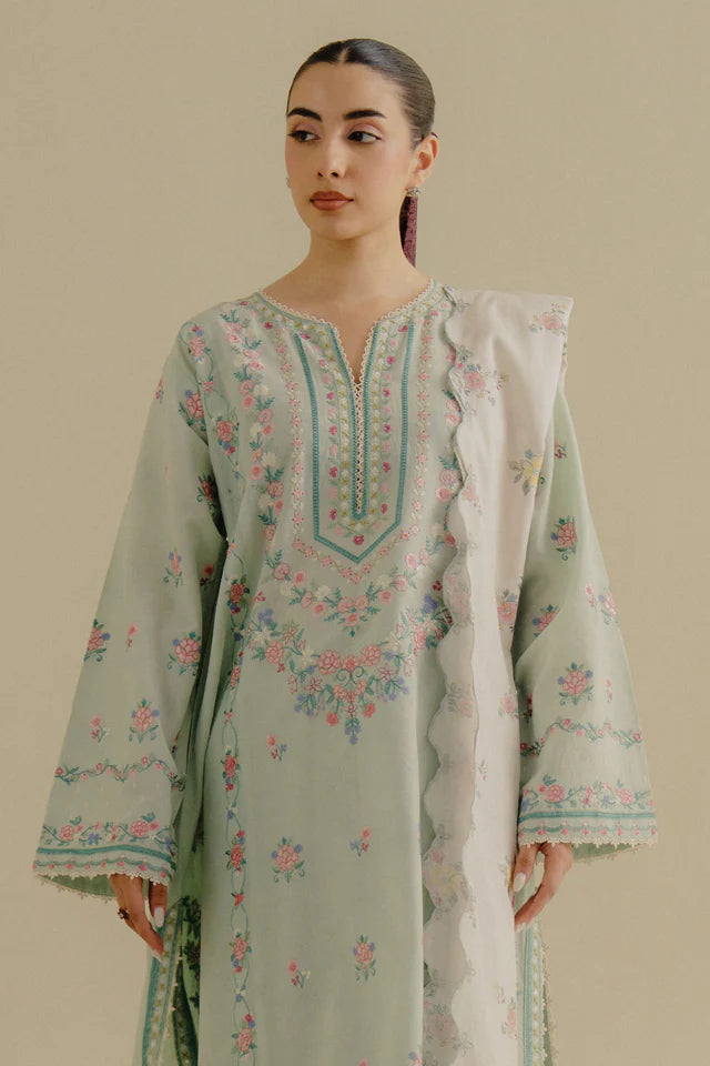 Zeest-9A- Mint Green embroidered jacquard ensemble By- Zara Shahjahan