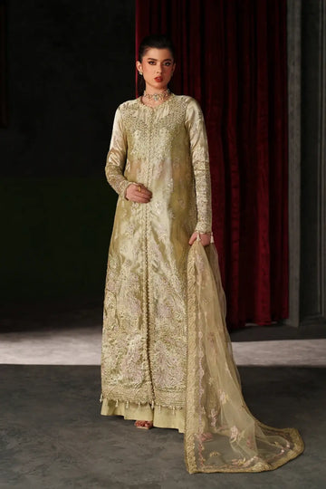 Zelie gold embroidered Mesoury silk stitched 3PC Pakistani wedding suit with net dupatta