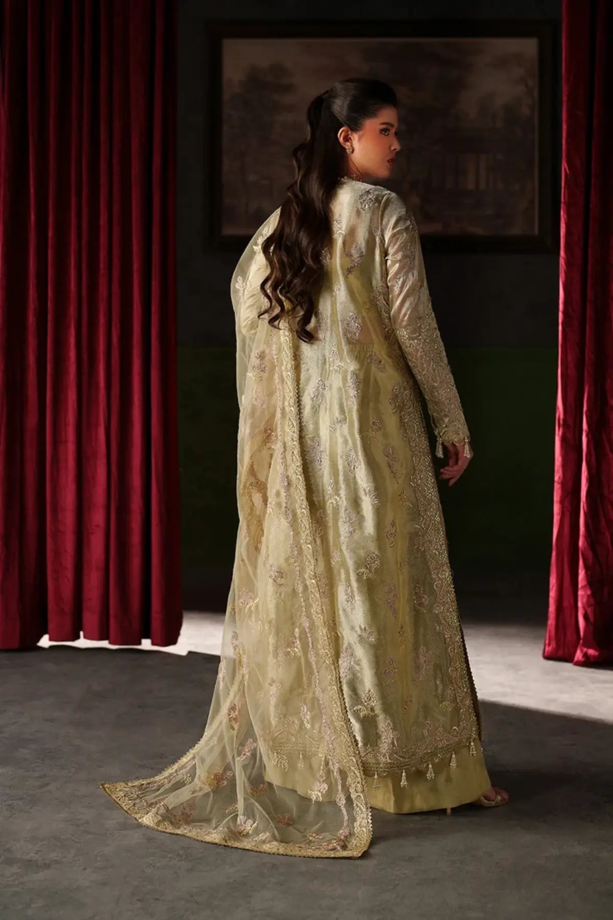 Zelie gold embroidered Mesoury silk stitched 3PC Pakistani wedding suit with net dupatta