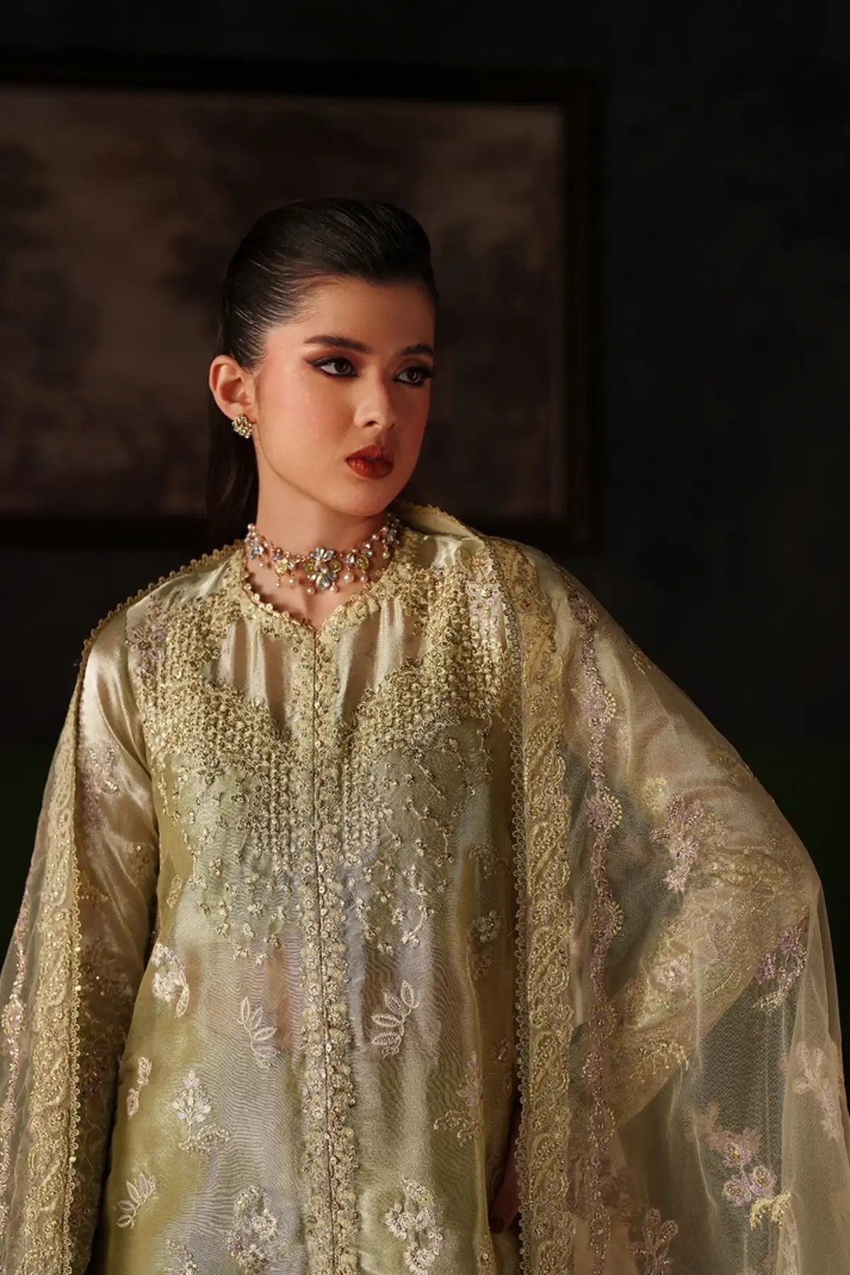 Zelie gold embroidered Mesoury silk stitched 3PC Pakistani wedding suit with net dupatta