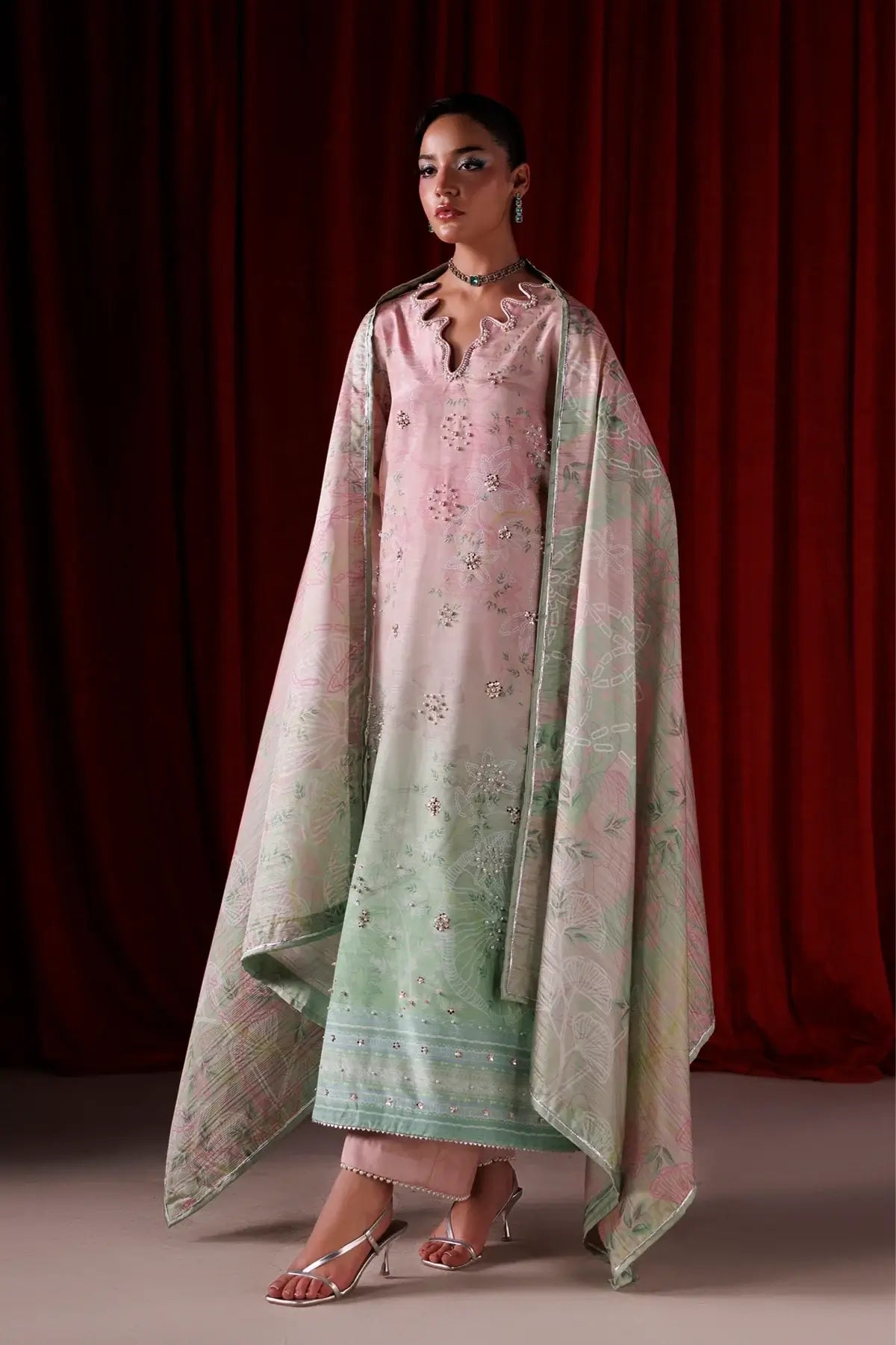 Zelie powder pink printed raw silk stitched formal 3PC suit with hand embellishments and Tusser silk dupatta
