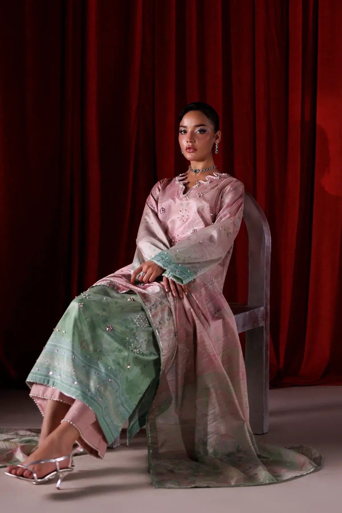 Zelie powder pink printed raw silk stitched formal 3PC suit with hand embellishments and Tusser silk dupatta