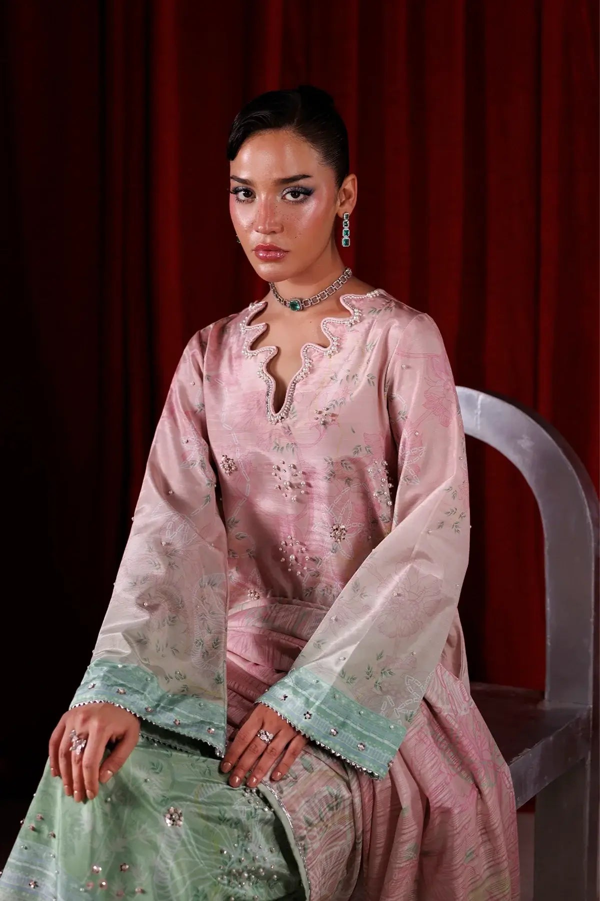 Zelie powder pink printed raw silk stitched formal 3PC suit with hand embellishments and Tusser silk dupatta