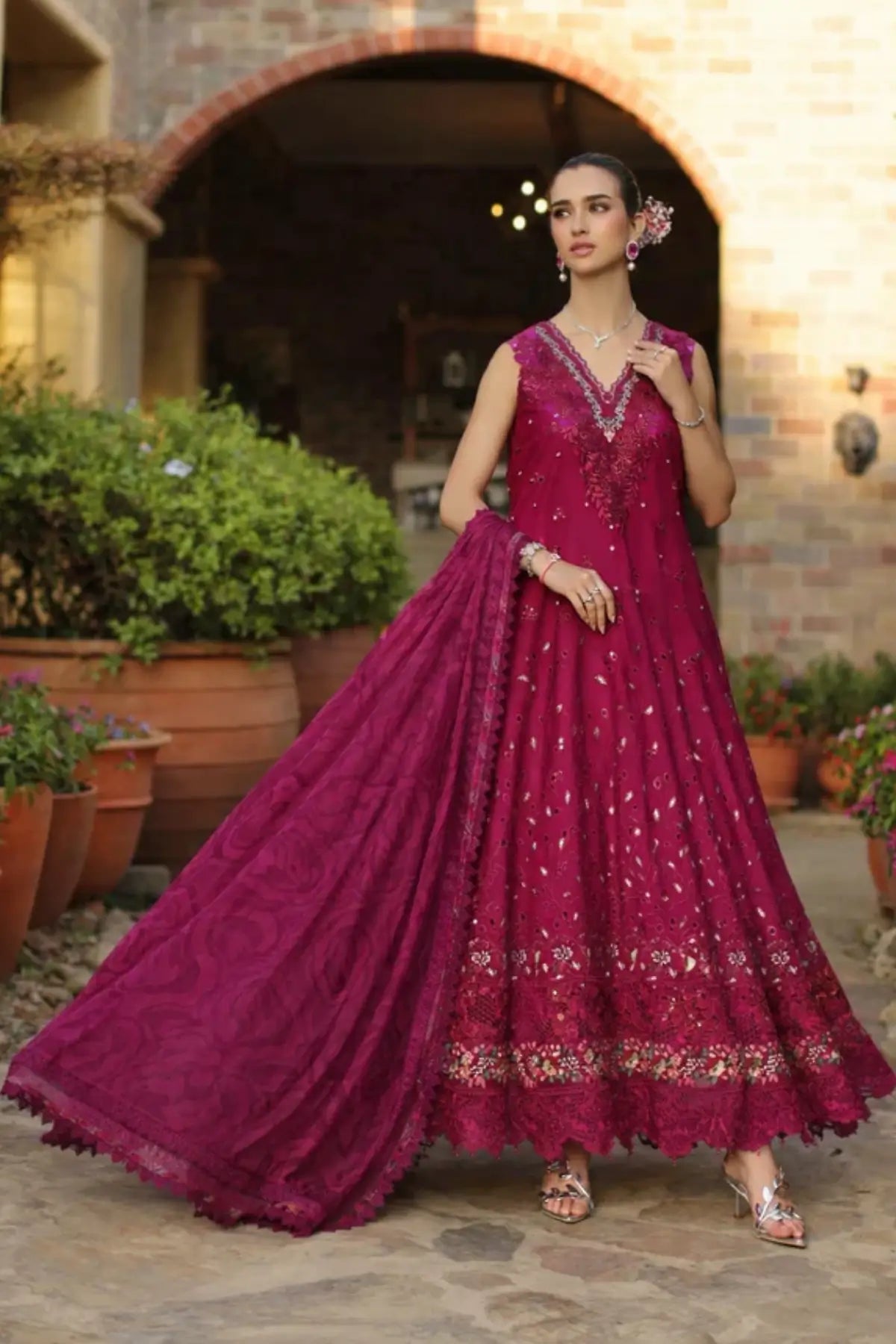 Saadia Asad Zelina D6-A fuchsia stitched lawn suit with chiffon dupatta Noor Luxury Eid Schiffli ’26